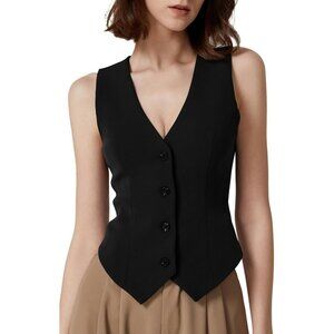 Women's Black V Neck Vest Top Sleeveless Button Down Fully Lined Solid Crop Tops
